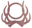 A textured red symbol of a pair of crossed antlers with the outline of a circle hovering between them.